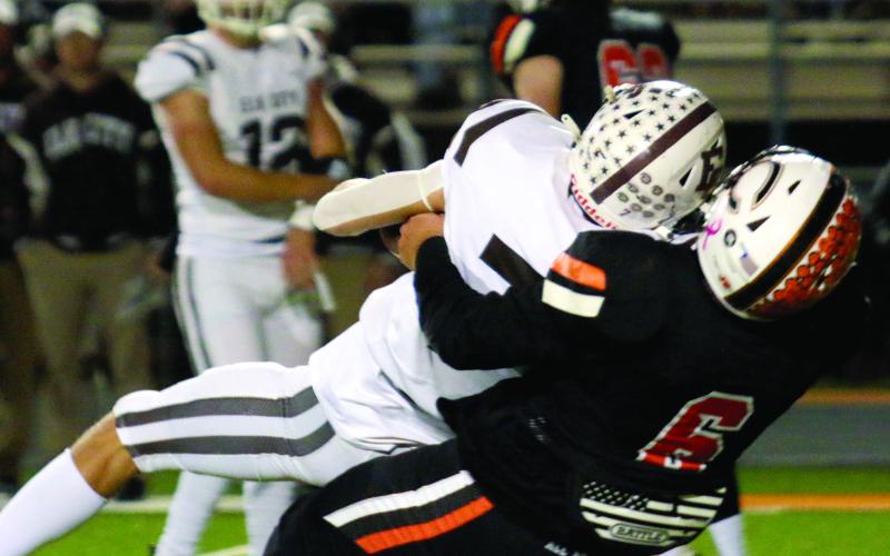 Cushing tight end Brody Berlowitz destroys an Elk ball carrier.