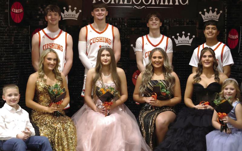 The 2026 CHS basketball homecoming court sits together after the coronation ceremony Friday, Jan. 30. Pictured back row from left, Boston Estes, King Roman Tucker, Curtis Parmley, Jason Edwards. Front row from left, crown bearer Duke Lauderdale, Emery Turner, Tirzah Wade, Faith Kessler, Gracyn Presley and flower girl Reese Lauderdale. Photos by Sylvia Danyele.