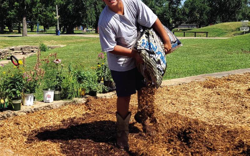 Jaxon Bell spreads mulch in a once overgrown flowerbed at Memorial Park on a sunny summer morning. The work was part of a project initiated and seen to fruition by Bell — made possible by generous donation from local area businesses and other community members.