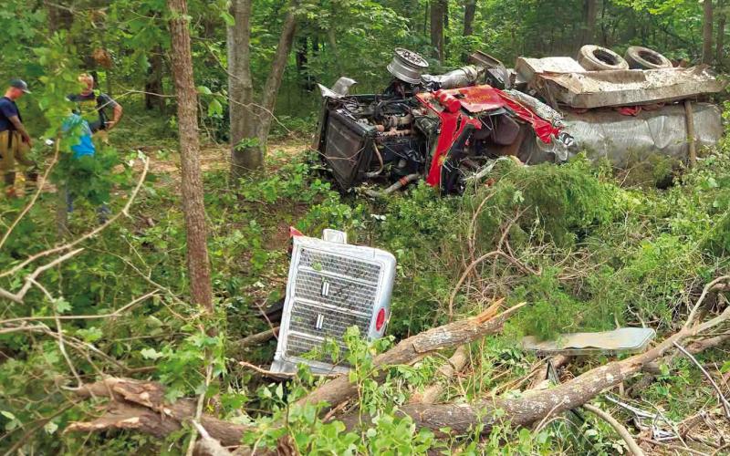Ingalls VFD Tanker 1 lays in the trees following a crash Thursday afternoon.