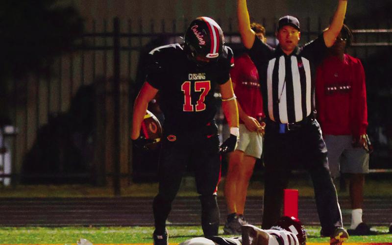 Cushing receiver Bryce Ward casts a little shade after a touchdown catch. Photo by Sylvia Danyele