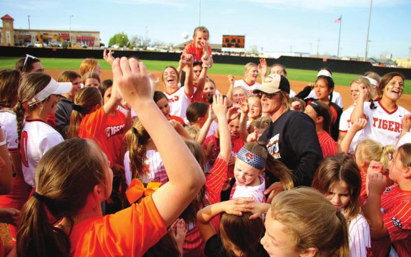 It was youth day last Thursday at the Lady Tiger Softball field and Lady Tiger Head Coach Nikki York brought all the girls together on the field for a pre-game breakout. Photos by Allie Prater.