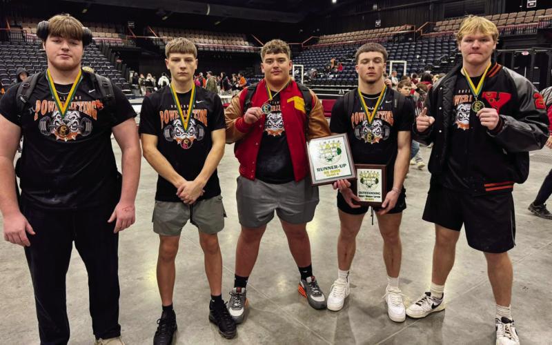The powerlifting team for Yale High School recently attended the 8-Man State Powerlifting Meet and finished as the State Runners-up. Braiden Hodgett and Lucas Reece were individual champions in their weight classes while Logan Britton placed 2nd, Tanner Moore and Hunter Anson took 3rd, and Cody Whittington finished 6th. Hodgett was also named Most Outstanding Lifter. Pictured from left, Hunter Anson, Tanner Moore, Logan Britton, Braiden Hodgett, Lucas Reece.