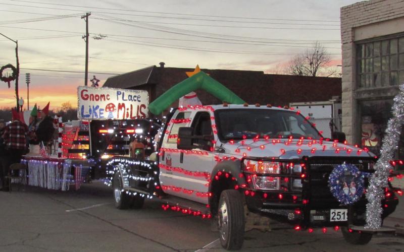 Mills Construction employees dressed as gnomes and walked alongside the trailer and truck pulling The Grinch meisering presents during the Cushing Chamber’s “Gnome Place like Cushing for Christmas” themed parade on Dec. 10. The group went home with second in the walking category.
