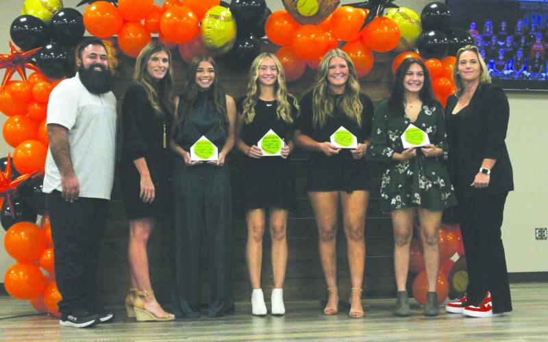 The 2022 Cushing softball All-District award winners from left: Kerik Brown, Kinsley Williams, Katy Jones and Thea Robbins. Photo by Kaleb Tadpole.