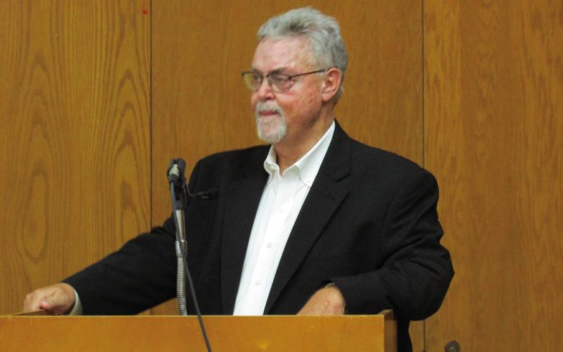Mike Kennedy takes a brief moment to compose himself as his eyes begin to water before closing out the special recognition ceremony that was held last week on July 20 in the Cushing City Hall.