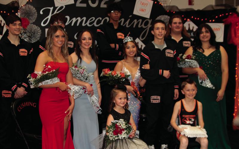 Homecoming Queen Jenny Nguyen and king Johnny Leverich are flanked by their court Jolie Oliver, Derrick Kersey, Gabe Vieyra, Abbi Reid, Bryce Massey, Gabby Everett and Tayt Minney. Also attending were Oakley and Gunner Leverich.