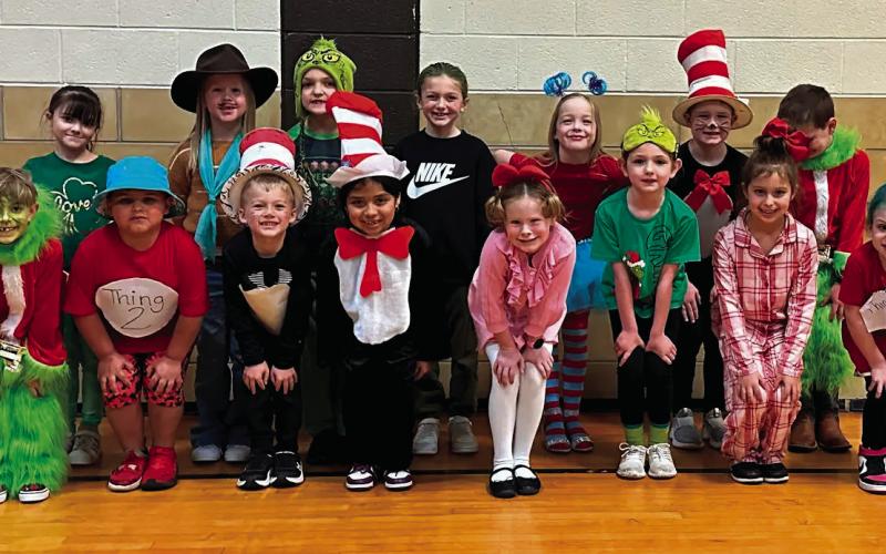 First grade students show off their creativity when they showed up for Dress as your Favorite Seuss Character Day. Front row, from left, Xavier Mulliniks, Jace Encinas, Tucker Culbreath, Ashley Roasles-Cuevas, Eva Martin, Emma Chisolm, Mickie Belveal, and Raylynn Floyd. Back row, from left: Emery White, Sawyer Eubank, Logan Gore, Boston Thompson, Madison Brennan, Miller Lamb, and Brady Baker.
