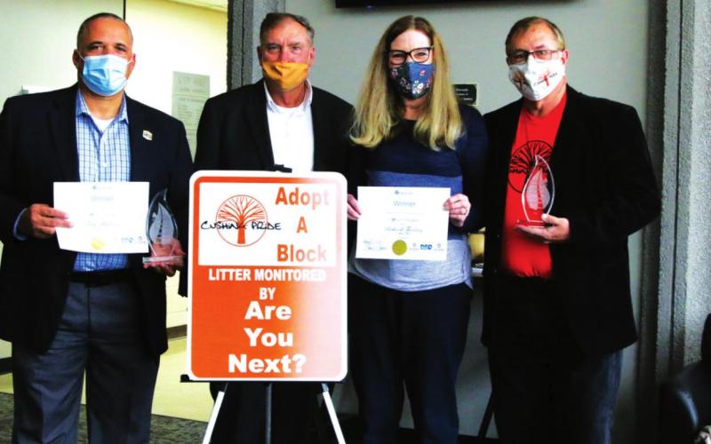 City Manager Terry Brannon, Keep Oklahoma Beautiful’s Jim Evers, Volunteer Marie Thackray and Cushing Pride Executive Director Richard Thackray, celebrate the. Honors Brannon and Thackray received recently during the virtual Keep Oklahoma Beautiful awards banquet.