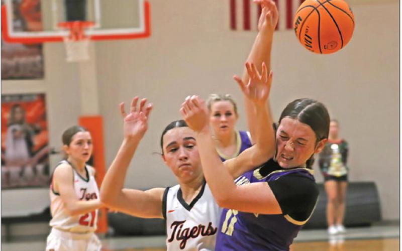 Whoever said basketball is not a contact sport never watched these girls play. Mannford’s Cambri Casey takes an elbow to the chin from Cushing’s Remi Powell as both girls battle for a rebound. Photo by J.D. Meisner