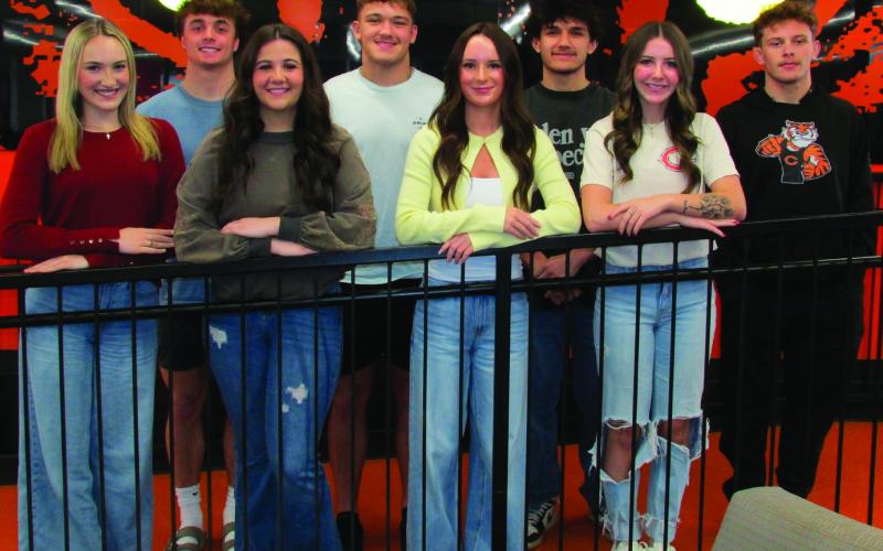 Pictured is the 2026 Cushing High School wrestling homecoming royalty. Top, from left is Bryce Ward, Kellen Fry, Brennon Ragan, Cash Stapleton. Bottom, from left is Emery Turner, Abby Cearley, Mattie Jones, and Laramie McCoy. Homecoming was Tuesday night where Ward and McCoy were named homecoming king and queen. See coronation ceremony photos in next week’s edition of the Cushing Citizen.