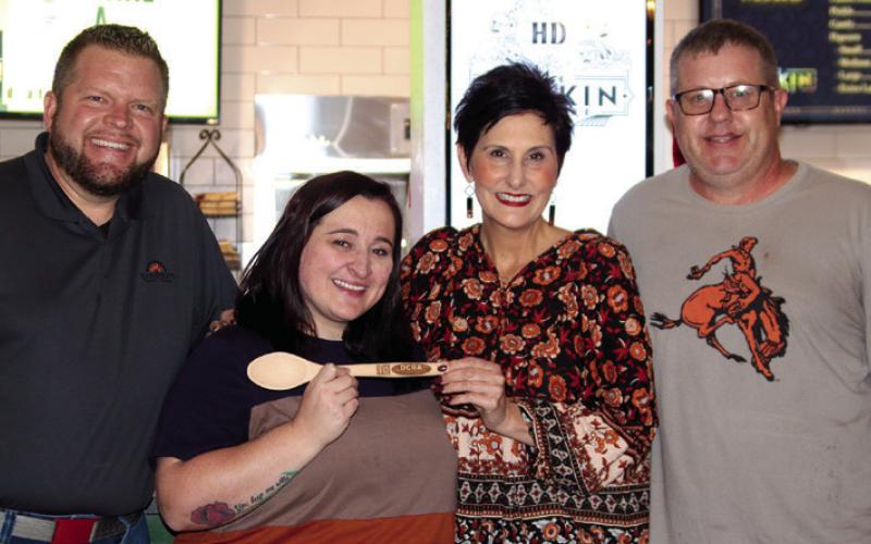The Dunkin Theater had the best decorated chili station during the DCRA Chili Time Event. Accepting the wooden spoon award is Dunkin Owner Geoff Beasley, Shawnee Ralston and Cheryl Sheldon.