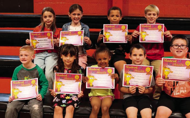 Agra Elementary recently had their monthly assembly with a them of “truthfulness”. Third grade students hosted the assembly and the March students of the month were recognized. Pictured are the Agra elementary March students of the month. Back row, From left: Madeline Motes, Harper Kinzie, Nathen Jones, and Briar Potter. Front row, From left: Grayson Byers, Marcella Davis, Natasha Farmer, Logan Norris, and Gideon Molloy