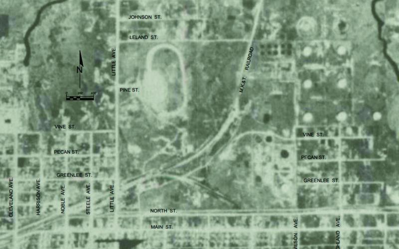 Aerial photo depicting Cushing Speedway from 1938.