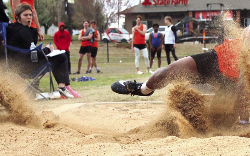 Cushing Senior Noah Jones competes in the long jump during the Cushing Track Meet. Noah placed fifth with a jump of 19’00.05”. Photo by Cindy Wayland.