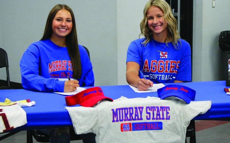 Twin sisters and Ripley Lady Warrior softball players Kendal and Carolyn Overton sign their letters of intent to play Softball for Murray State College in Tishomingo, Thursday, Nov. 9. Photos by Allie Prater