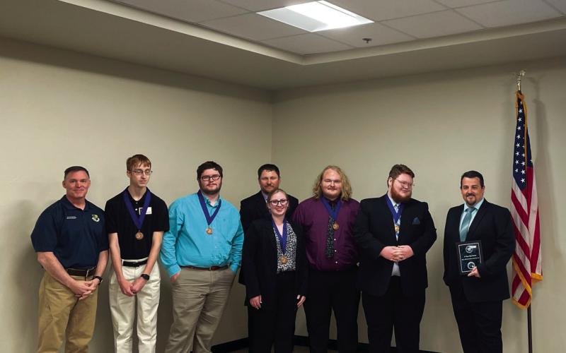 High School team, 3rd place from L to R: Colonel G. Hall Sebren, Jr.; Ryan Chestnut, Yale; Corbin Varnell, Cleveland; Dustin Ford; Rebekah Bryson, Stroud; Donovan Heape, Mannford; Gage Yell, Mannford; Nick Gaunt