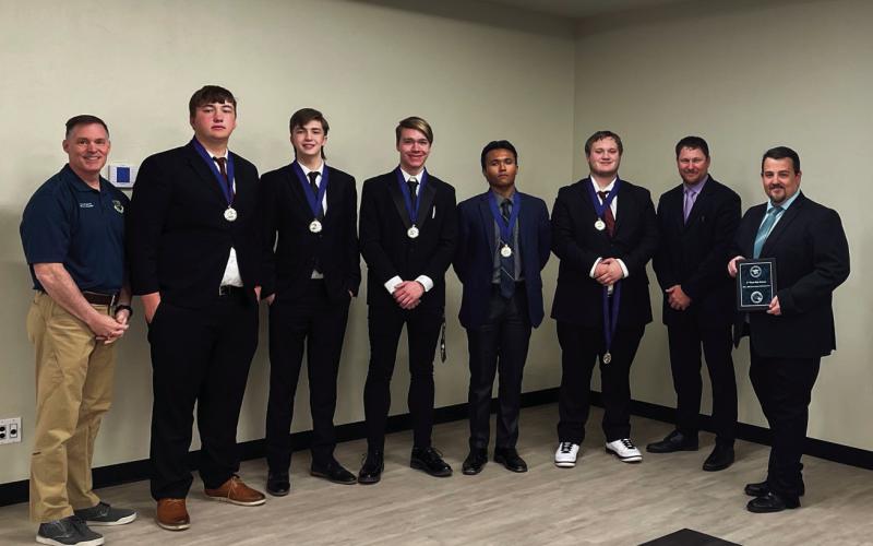 High School team, 2nd place from L to R: Colonel G. Hall Sebren, Jr.; Charles Pruitt, Cleveland; Mason Wages, Bristow; Joseph Sipes, Depew; Jesus Roura, Depew; Dawson Bullington, Olive; Dustin Ford; Nick Gaunt
