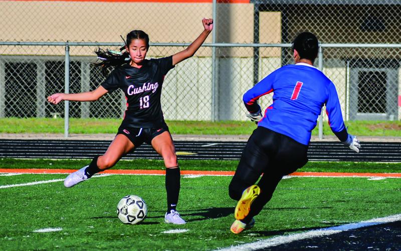 The Cushing Lady Tiger Soccer team is 5-6 on their season and on Tuesday, they not only celebrated senior night, but they celebrated a massive 6-0 win over the Purcell Lady Dragons. Pictured with their parents are senior Lady Tigers Cora Eyler, and sisters Kira and Bella Keyes. Photos by Sarah Townes