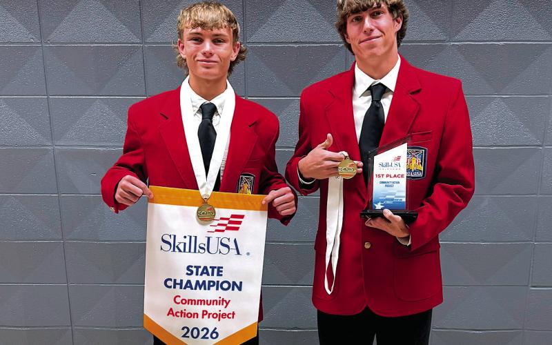 A Central Tech team earned first place during the 2026 Oklahoma State SkillsUSA competition with their Community Action Project recently. Pictured are team-members Peyton Sims from Mannford and Cayden Lewis from Yale. The team will now move on to compete at the National SkillsUSA contest in Atlanta, GA the week of June 1-5