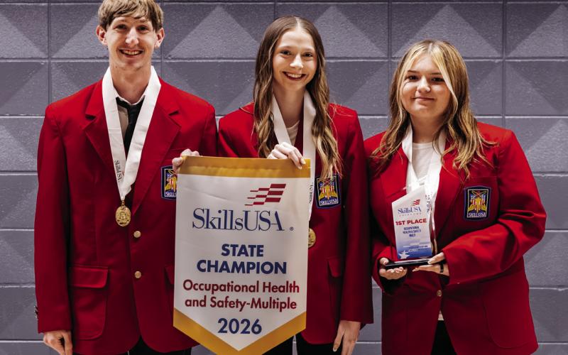 Earning 1st place in Occupational Health and Safety for secondary students is (L-R): Braden Bostick, Sand Springs; Avery Davis, Cushing; Annabel Powell, Mannford.