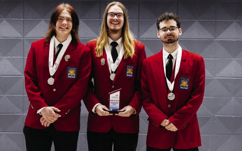 Earning 2nd place in Career Pathways Industrial and Engineering Technology for secondary students is (L-R): Chance Pearson, Cleveland; Noah Gustafson, Mannford; Cameron Thompson, Mannford.