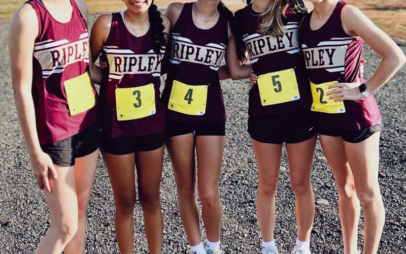 Ripley High School Cross Country girls team coached by Nancy Scott finished 5th in the Henryetta Class 2A Regional and qualified for the State Cross Country Meet to be held Saturday, Oct. 28 at Edmond Santa Fe High School. Pictured from left: Matilda Finch, Jashia Ferretiz, Myiah Forte, Callie Hammond, and Madison Chesley.