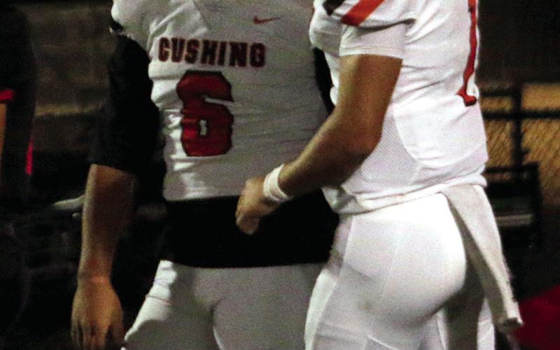 Right: Brothers Blaze and Brody Berlowitz celebrate a touchdown.