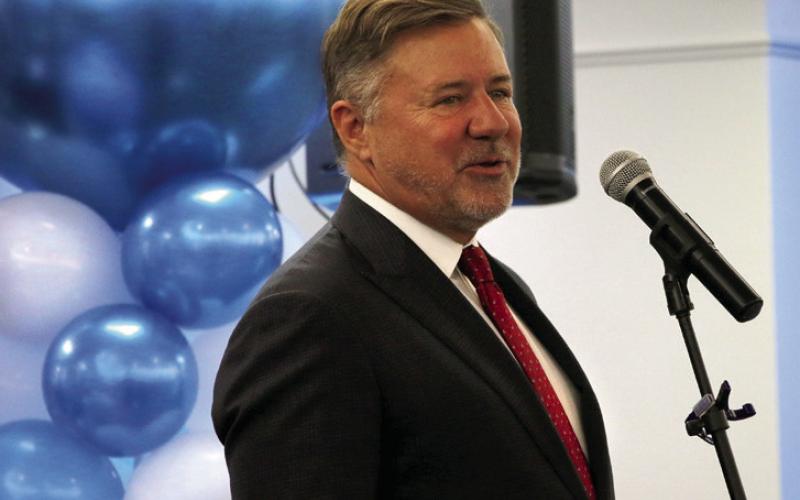 Oklahoma Attorney General Gentner Drummond addresses the crowd at BlueSky Bank during the Business After Hours.