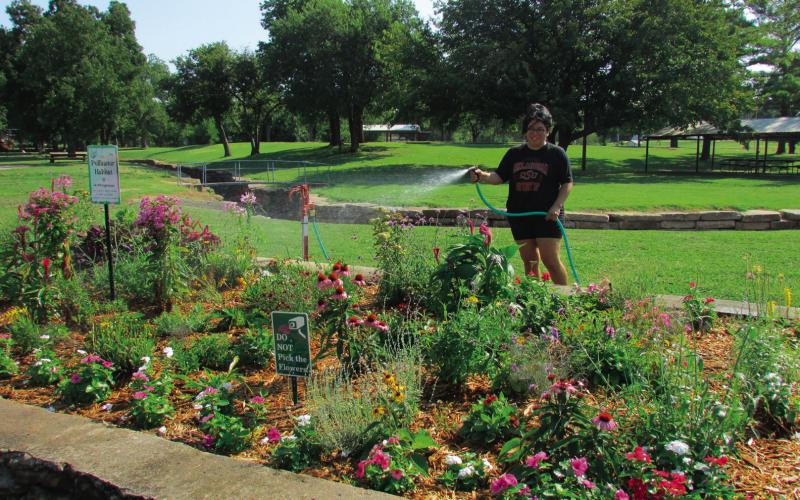 Lauren Lopez was at Memorial Park last week to keep her son’s Keep Oklahoma Beautiful project well watered. The pollinator habitat has been a high priority for Jaxon Bell but with him returning to school and additional extra curricular activities Lauren said she wanted to ensure it was kept up with so that the area can maintain its already active pollinator population. Photo by DeAnna Maddox