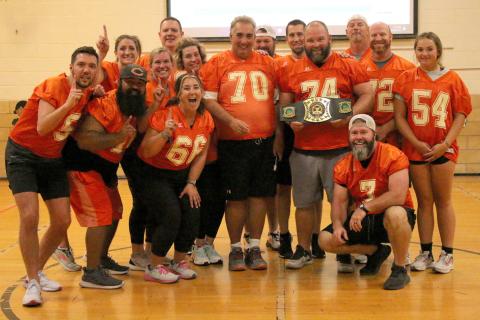 The winners of the inaugural Cushing Rotary Dodgeball Tournament, team Snoop Dodgey Dodge, stand proud with their championship belt Tuesday, Sept. 27. Pictured from left: Back row; JJ Wood, Lindsay Morgan, Melisa Amon, Jake Phillips, Jake Christensen, Bobby Hoover. Front row: Jared Bush, Josh Encinas, Don Amon, Rusty Morgan, Dave Brown, Faith Kessler, Jay Moore. 5