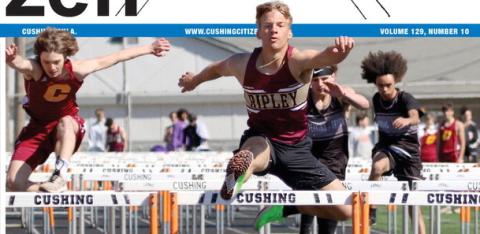 Ripley Warrior senior Mark Lunsford jumps over the last hurdle in the boys 800m hurdles at the Cushing Crossroads relay, Thursday, March 28. Photo by Allie Prater.