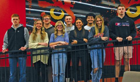 Cushing 2024 Wrestling Homecoming Court pictured from left, top row, King Candidates Kade Ralston, Andy Collier, and Carlos Moncada-Lopez. Bottom row, kid escort Levi Simpson, Queen candidates Aspen Evans, Trista Looper, Ava Babinec, and kid escort Tyler Hockett. Not pictured is King candidate Dalton Allen. Homecoming and senior night will both take place on Thursday, Feb. 1 at the high school gym. Photo by Allie Prater.