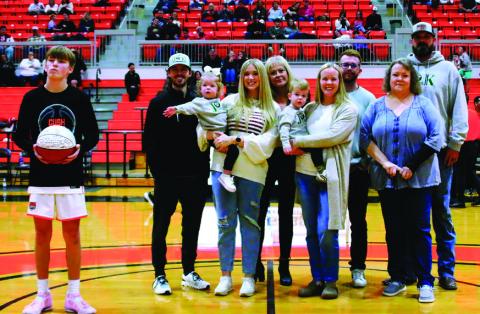 For their contributions to Cushing High School athletics,— most recently the fieldhouse scoreboard project, Joe and Kay Smith and family were recognized between games during last Friday’s homecoming. They are: Children Sharon Kerr and Patricia Niccum; grandchildren Ashley and Josh Thomas, Konnor and Caleb Lanker and Kris Niccum; great-grandchildren Casey Thomes, Haile Lanker and Boone Niccum.