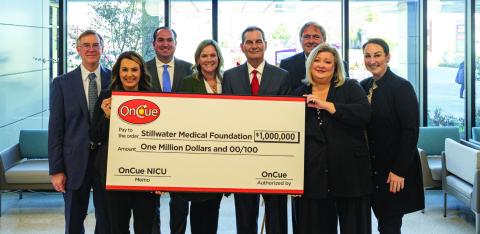 On Monday, December 19, Stillwater Medical Center announced that it had received a $1 million donation from On Cue to help fund a Neonatal Intensive Care Unit at its Stillwater Hospital. Pictured from left are Steve James, On Cue President Laura Aufleger, Tommy Shreffler, Denise Webber, Jim Griffith, Bob Palmer, Lisa Thomas and Stillwater Medical Center Foundation Executive Director Michal Shaw.