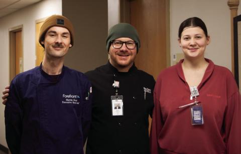 Chef Rocky Dunnam, Director of Food and Nutrition Services, with his team; (Right) Martin Kane, Executive Sous Chef, and (Left) Jorja Parks, Catering Supervisor.