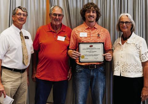 Kolten Huschen of Piedmont was presented the Scott A. McGinnis Memorial Scholarship by McGinnis’ parents, Ray and Tricia McGinnis of Cushing, during an Aug. 22 ceremony hosted by Oklahoma State University’s Department of Horticulture and Landscape Architecture. McGinnis, a 1997 Cushing High School graduate, discovered his passion for turf management while playing high school baseball and graduated from OSU in 2001.