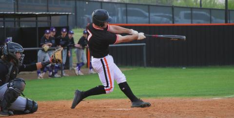 Riley Matheson sends a solo shot over the centerfield fence against Mannford last Thursday. Photos by Allie Prater