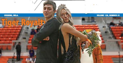 Cushing Highschool Basketball 2024 Homecoming King Johnny Hilligoss and Queen Kaitlynn Callanan strike a pose after after the coronation ceremony held Friday, Jan. 26. Photo by Amber Fausto.
