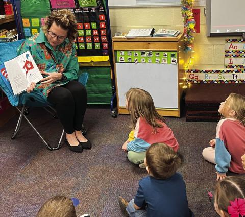 Dr. Melissa Amon reads to students in the Cushing Pre-K class on Thursday. Throughout the district, students, staff and administration celebrated Read Across America all last week. The program, created by the National Education Association encourages reading and celebrates children’s author Dr. Suess during the week of his birthday, March 2. Student’s had the opportunity to participate in various activities including the middle school student’s ‘Reader’s Theater’ production. Lower grades had dress up days s
