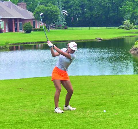 Cushing Lady Tiger Senior Katelynn Powell drives to the green during the OSSAA Class 4A Girls State Golf Tournament in Shawnee.