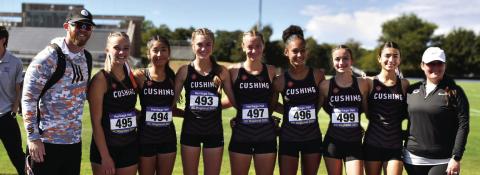 The Cushing Lady Tigers qualified for the OSSAA State Cross Country Championships last Saturday. They are from left, Head Coach Isaac Horton, Macie Townes, Yohali Medrano, Harli York, Emory Eyeler, Ava Roberson, Brylee Perry, Kendal Kelley and Assistant Coach Jessica Potter. Photo by Sarah Townes