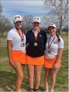 Lady Tigers Addisyn Fields, Ayla Britt, and Ashlyn Floyd stand together after the tournament. All three ladies placed in the top 10. Photo by Dena Floyd.