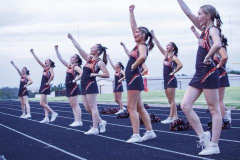 YHS cheer squad hypes up the crowd during Friday nights game against Ringwood. Photos by Jessica Crowe.