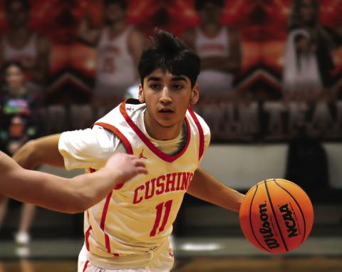Cushing’s Kanaan Guerrero hit five deuces and a three pointer from the field and went four for six at the free throw line for a total of 17 points against the Mannford Pirates in Cushing’s 31-36 loss. The Tigers are 7-2 and will travel to Kiefer Friday. Photo by J.D. Meisner