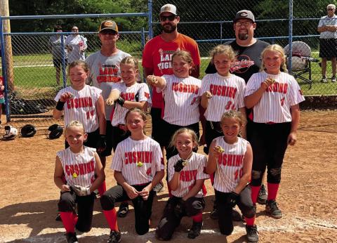 The Cushing Lady Tigers 9U team won the 2023 Lincoln County 10U tournament. The Lady Tigers from left. Coaches: JJ Scott, Jake Westmoreland, Aaron Hubbard. Back row: Brylee Thompson, Hadlea Westmoreland, Abigail Murie, Brenna Hubbard, Brooklyn Burns. Front row: Adley Scott, Natalie Wood, Ainsley Scott, Halle York.