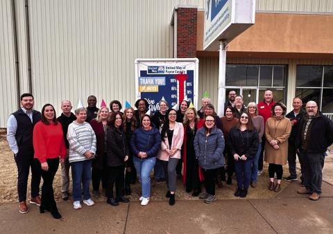 United Way of Payne County Executive Director Ruth Cavins and co-chair of United Way’s Annual Campaign Matt Thomas and his wife Debbie gathered with UWPC board members, staff, representatives of some of UWPC's board members, Stillwater Mayor Will Joyce and OSU Police Chief Leon Jones as Gary Teel of Simmons Bank filled the final ten percent of the $1 million goal thermometer on Thursday, Dec. 14 at the Stillwater YMCA.