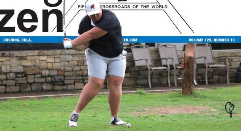 Tiger senior Cayden Sherwood tees off hole one at Buffalo Rock Golf Course for the OSSAA Class 4A Regional Tournament Wednesday, May 1. See story inside. Photo by Allie Prater
