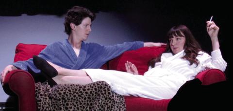 The performers of “Caught in the Act” Directed by Griff Schoen — TJ Roberts as Dan and Krystle Hutchko as Annie — sit on stage and discuss the nuances of being a character in a play.