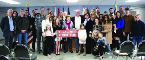 Four generations of Ahrbergs stand together at the highway dedication ceremony held at the Cushing American Legion Hall. Two miles of State Highway 33 from SH-18 North were dedicated Col. William A. Ahrberg on Saturday, Nov. 18. Photo by Allie Prater